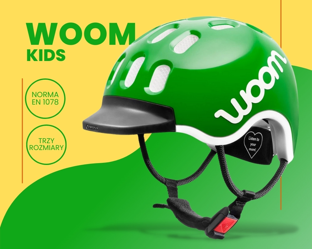 Cechy kasku rowerowego Woom Kids w kolorze zielonym