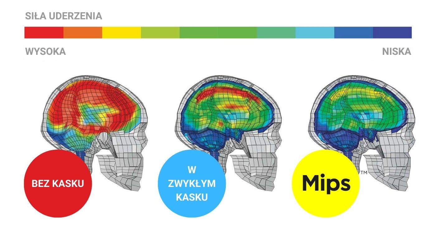 Rozłożenie siły uderzenia bez kasku, w zwykłym kasku i w kasku z MIPS