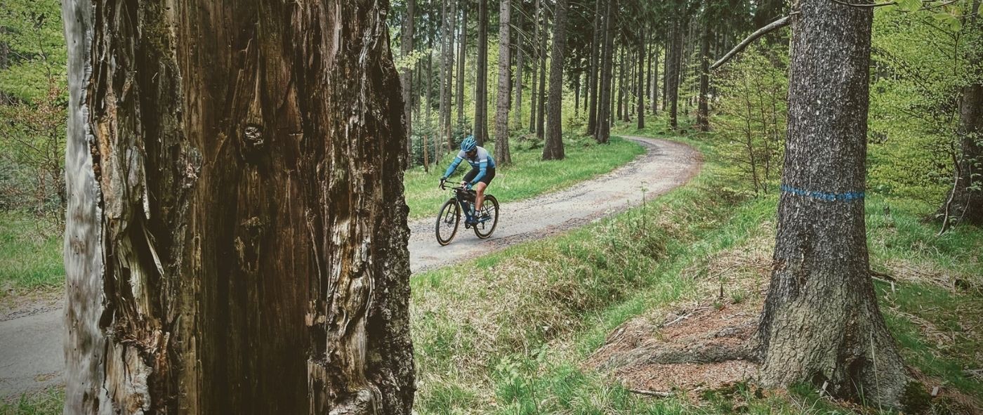 Przejazd leśnym szlakiem na ultramaratonie gravel