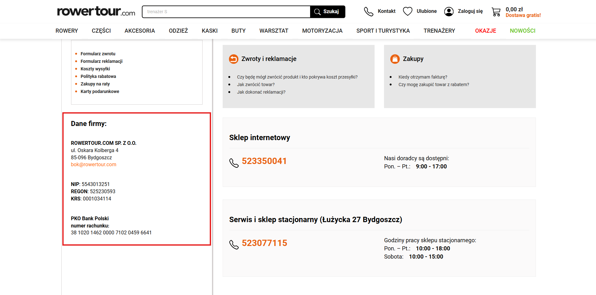 Dane firmy w zakładce kontakt